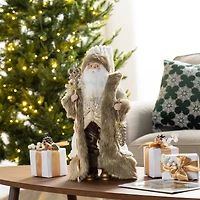 Glitzhome® 18"H Faux Fur Christmas Woodland Santa Figurine with Porcelain Face