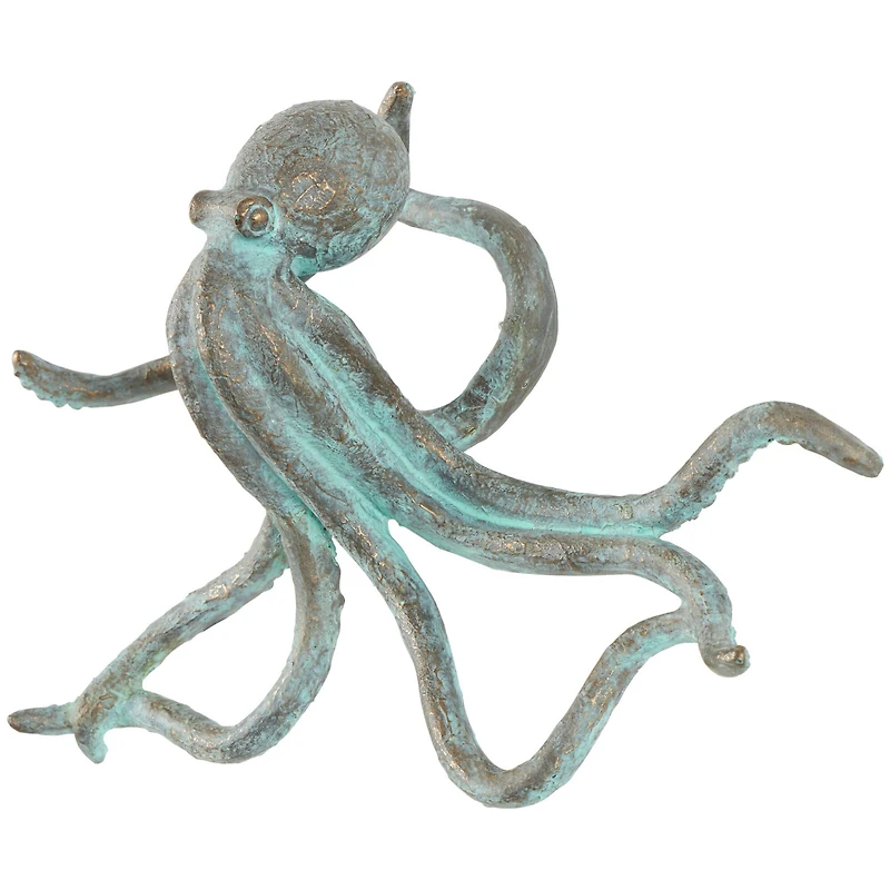 12" Blue Polystone Octopus Distressed Patina Sculpture with Gold Foil Accents