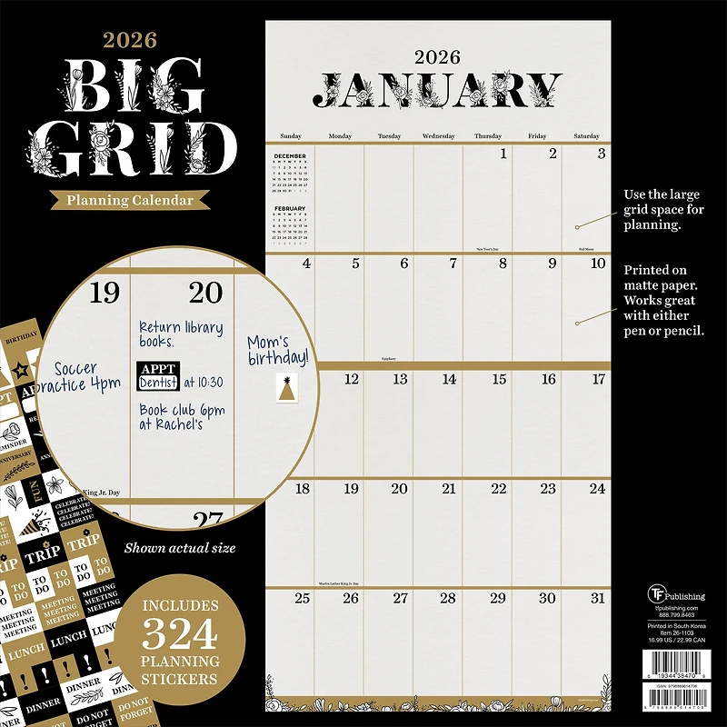 2026 Big Grid-Floral Wall Calendar