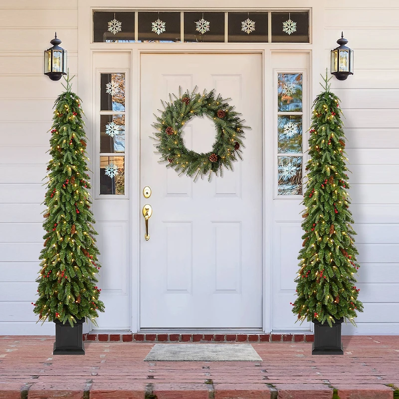 Glitzhome® 7ft Pre-lit Green Artificial Christmas Porch Tree, Warm White Lights