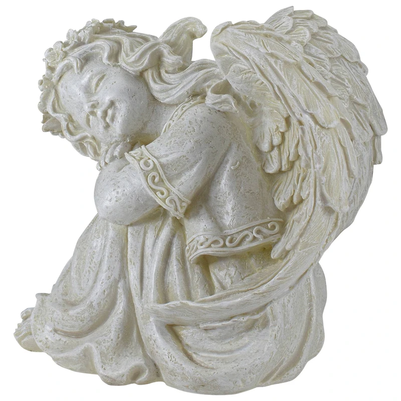 8.5" Ivory Resting Angel with Floral Crown Outdoor Garden Statue