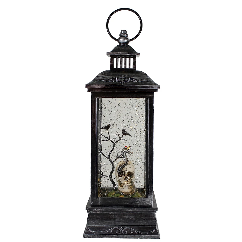 11" Black & Brushed Silver LED Skull Head Halloween Snow Globe Lantern