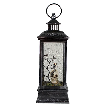 11" Black & Brushed Silver LED Skull Head Halloween Snow Globe Lantern