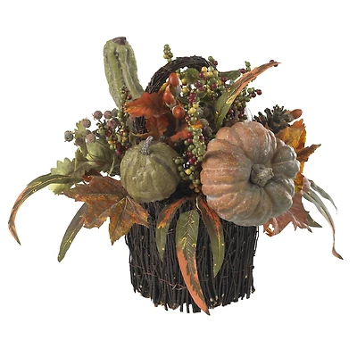 15" Green Fall Pumpkin & Berry Table Arrangement in Twig Base