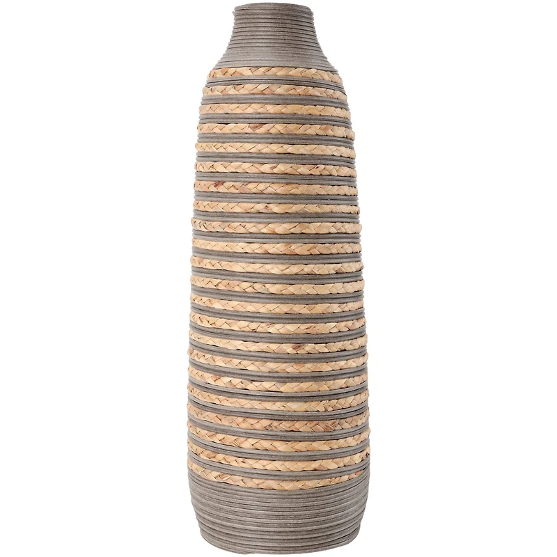 24" Brown Seagrass Handmade Braided Vase with Layered Gray Paneling