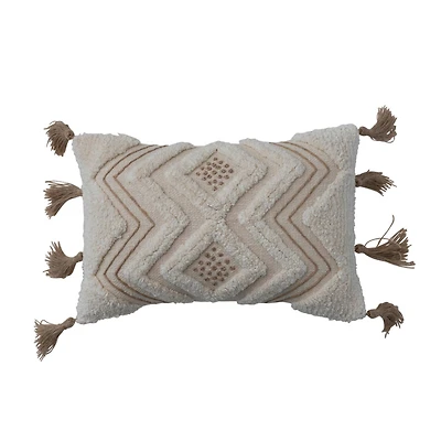 Hello Honey® Natural Boho Cotton Slub Lumbar Pillow with Embroidery & Tufting