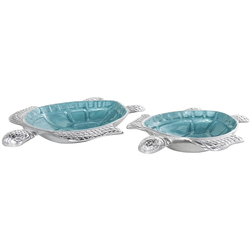 Teal & Silver Textured Enameled Turtle Bowl Set