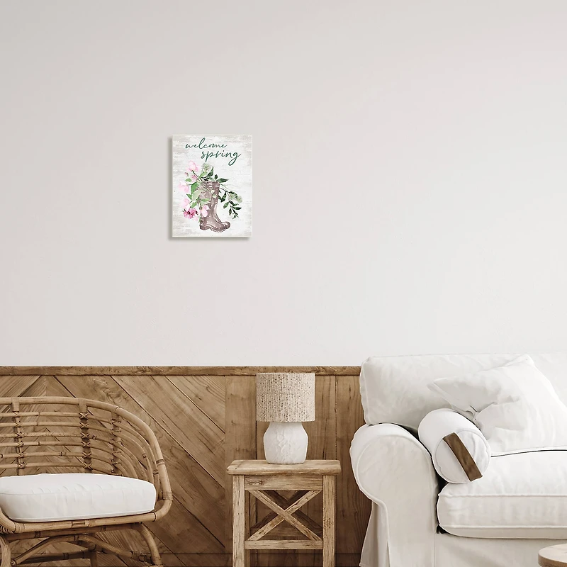 Stupell Industries Welcome Spring Seasonal Rain Boots Flower Arrangement Canvas Wall Art