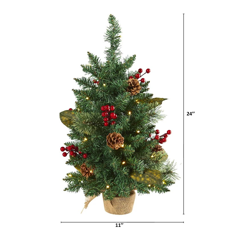 2ft. Pre-Lit Pine Artificial Potted Christmas Tree with Pinecone & Berries, Clear LED Lights