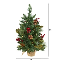 2ft. Pre-Lit Pine Artificial Potted Christmas Tree with Pinecone & Berries, Clear LED Lights
