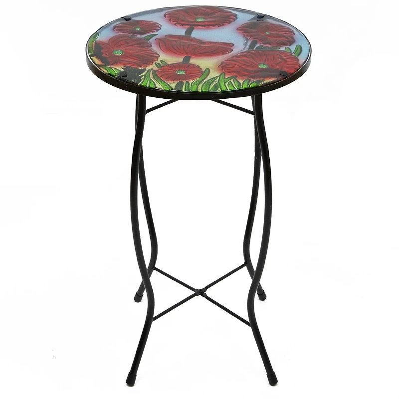 19" Red Floral Poppies Glass Patio Side Table