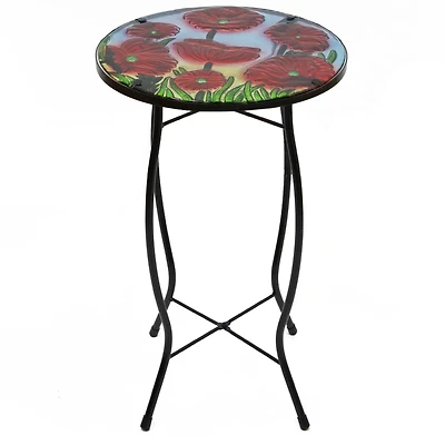 19" Red Floral Poppies Glass Patio Side Table