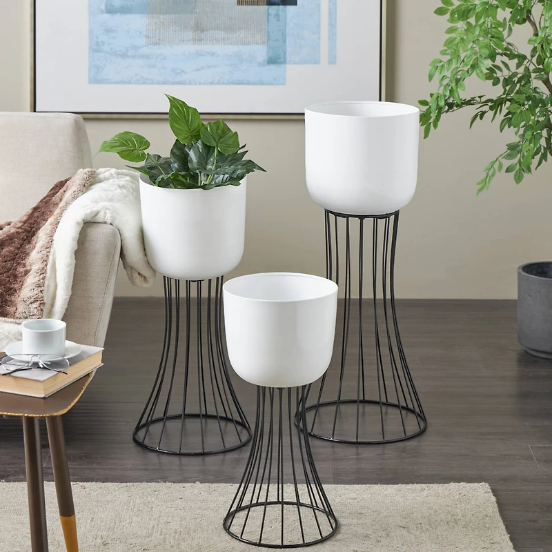 White Metal Planter with Black Hourglass Stands Set