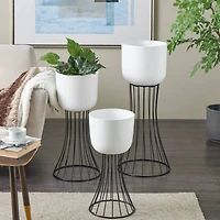 White Metal Planter with Black Hourglass Stands Set