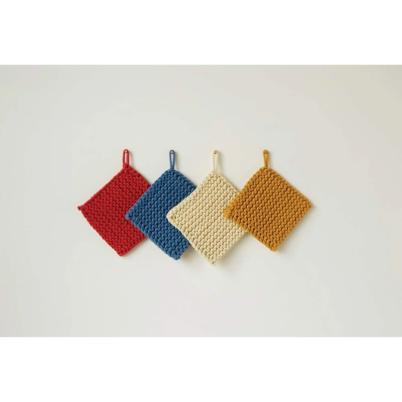 Hello Honey® 8" Red, Blue, Yellow & White Square Cotton Crocheted Pot Holder Set