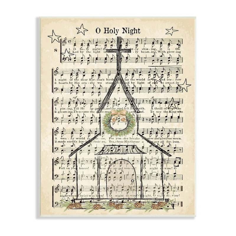 Stupell Industries Festive Winter Church Holy Night Musical Script Wall Plaque