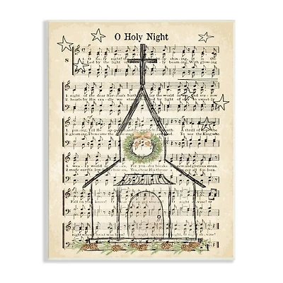 Stupell Industries Festive Winter Church Holy Night Musical Script Wall Plaque
