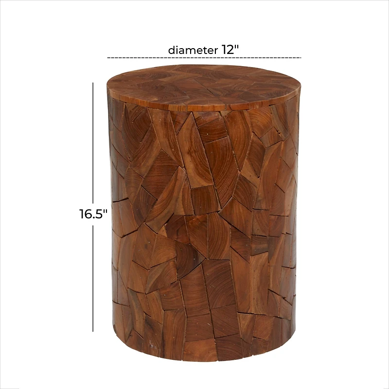 16.5" Round Block-Style Brown Teak Wood Mosaic Side Table