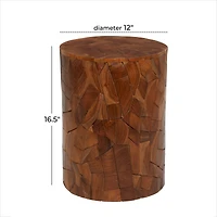 16.5" Round Block-Style Brown Teak Wood Mosaic Side Table
