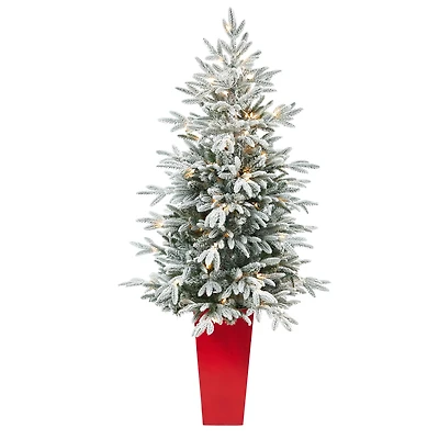 5ft. Pre-Lit Flocked Manchester Spruce Artificial Christmas Tree in Tower Planter, Clear Lights