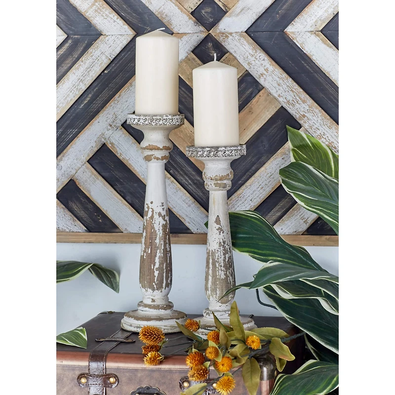 Brown & White Traditional Candle Holder Set, 13" & 15"