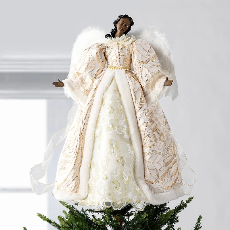 Glitzhome® 24"H Faux Fur & PVC Christmas Elegant African American Angel Tree Topper