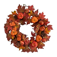 24" Autumn Maple Leaves, Pumpkin, Pinecone & Berries Wreath