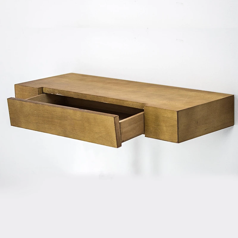 24" Brown Floating Wall Shelf With Drawer