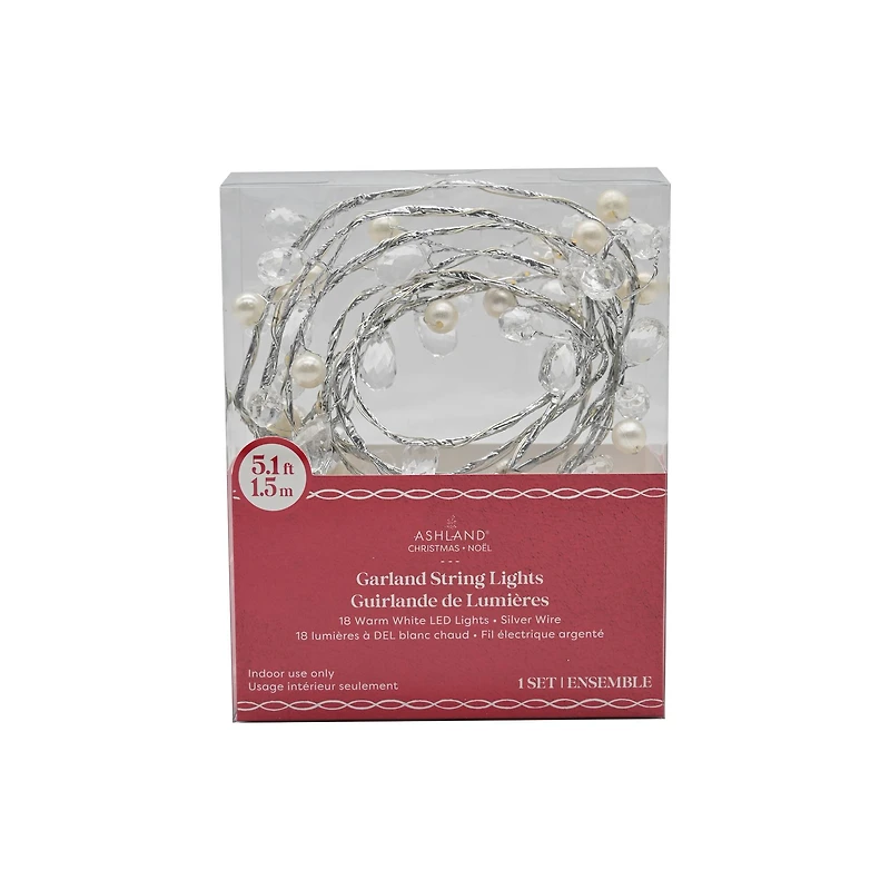 18ct. Warm White LED Silver & Pearl Berry Garland String Lights on Brown Wire by Ashland®