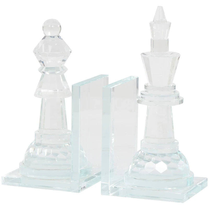 9.5" Clear Chess Oversized Bookends with Cut Crystal Designs Set