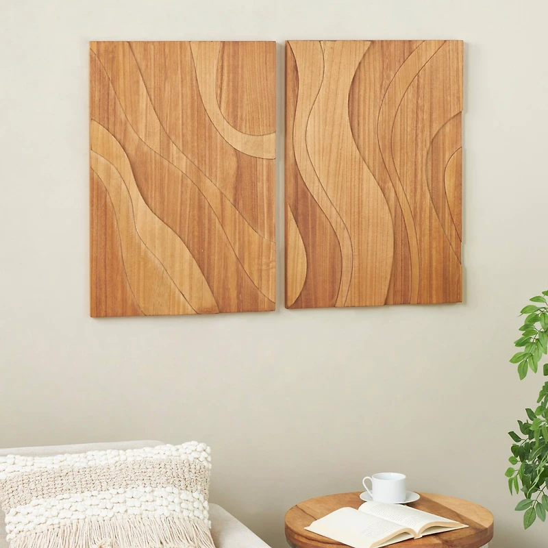 Brown Wooden Abstract Wavy Carved Wall Décor Set 