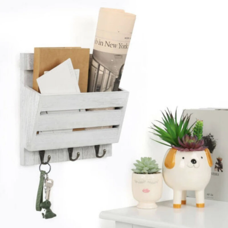 NEX™ 10" Rustic White Gray Wood Wall-Mounted Mail & Key Holder Organizer with 3 Key Hooks