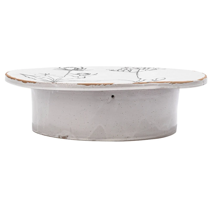 Hello Honey® 12" White & Black Round Debossed Stoneware Pedestal with Flowers & Reactive Glaze