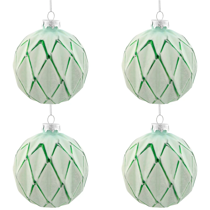 Harlequin Christmas Glass Ball Ornaments - 4" (100mm) - Mint Green - 4ct