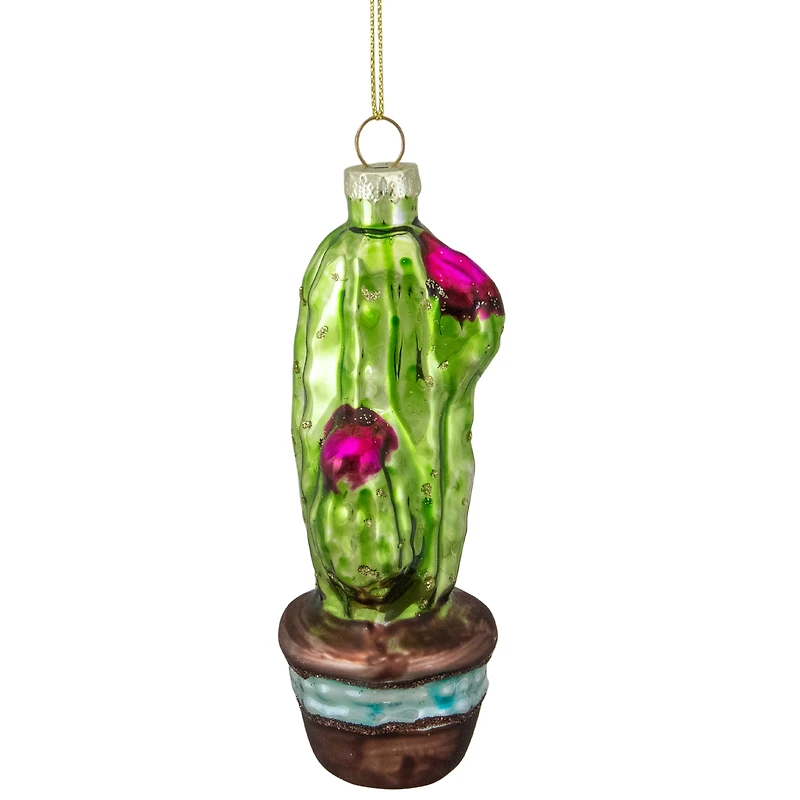 Green And Pink Potted Cactus Glass Ornament