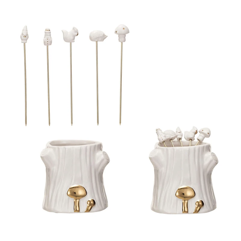 Hello Honey® White & Gold Forest Icon Appetizer Picks with Stump Holder Set