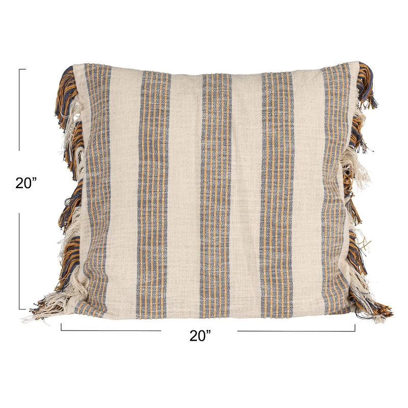 Hello Honey® Blue & Yellow Stripes on Cream Cotton Throw Pillow with Fringe