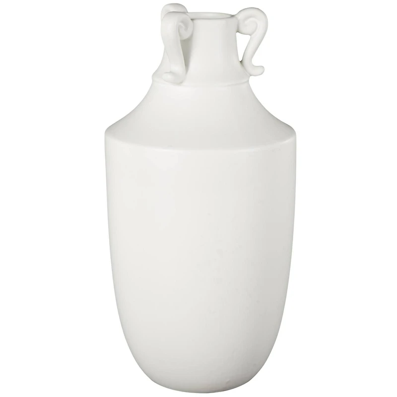 15.75" White Ceramic Sleek Amphora Vase with Scroll Handles