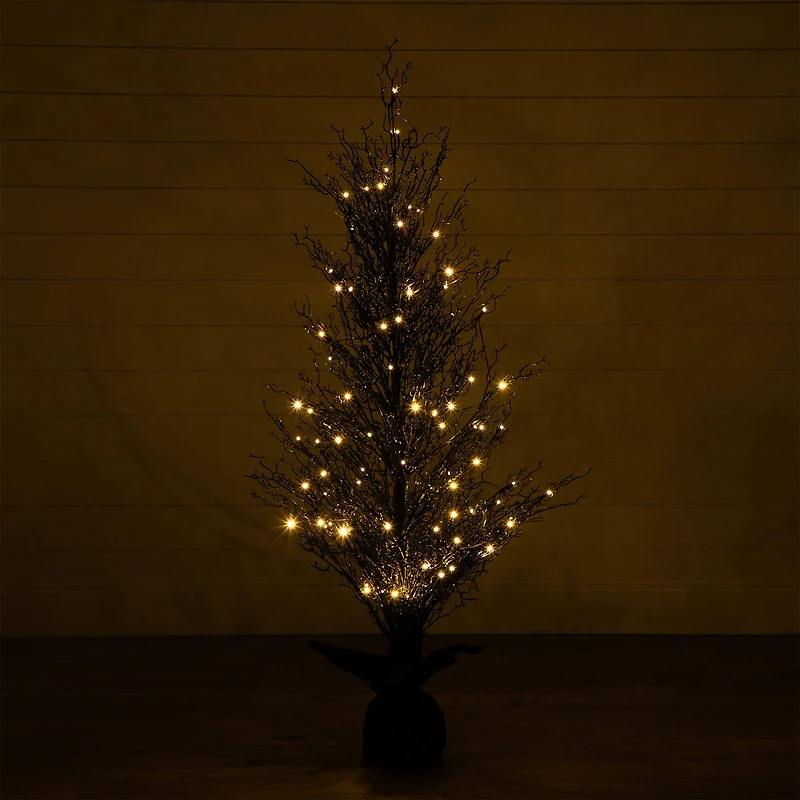 5ft. Pre-Lit LED Halloween Black Twig Artificial Fall Tree in Burlap Planter