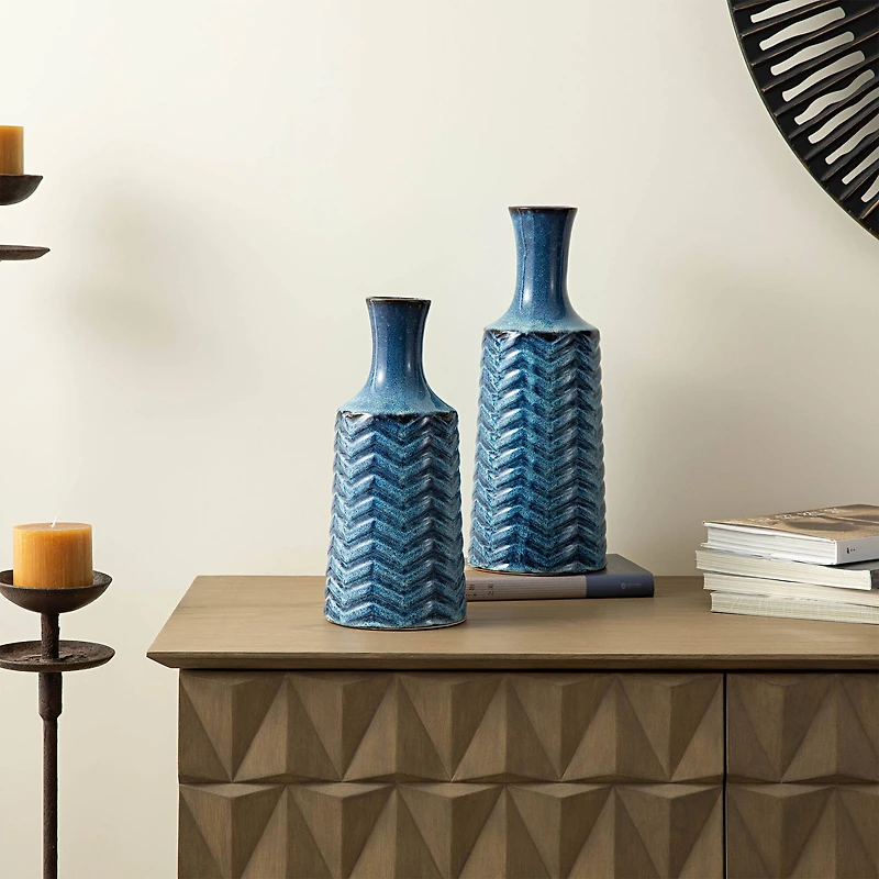 Glitzhome® Brilliant Blue Chevron Ceramic Modern Vase Set
