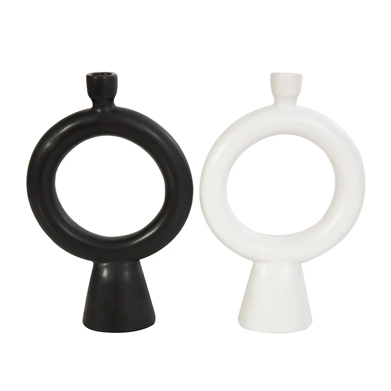 CosmoLiving by Cosmopolitan 12" Black & White Ceramic Geometric Ring Taper Candle Holder Set