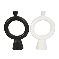CosmoLiving by Cosmopolitan 12" Black & White Ceramic Geometric Ring Taper Candle Holder Set