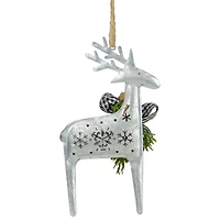 6.25" Silver Metal Reindeer Christmas Ornament with Black Gingham Bowtie & Pine
