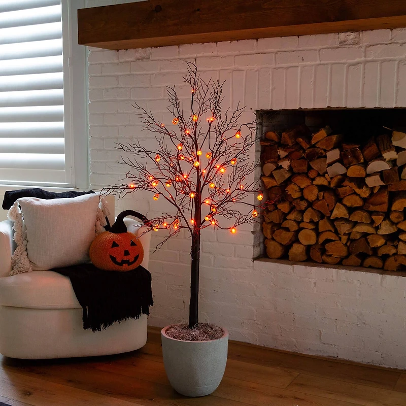 4ft. Pre-Lit Artificial Halloween Black Twig Tree with 24 Orange LED Pumpkin Shaped Lights