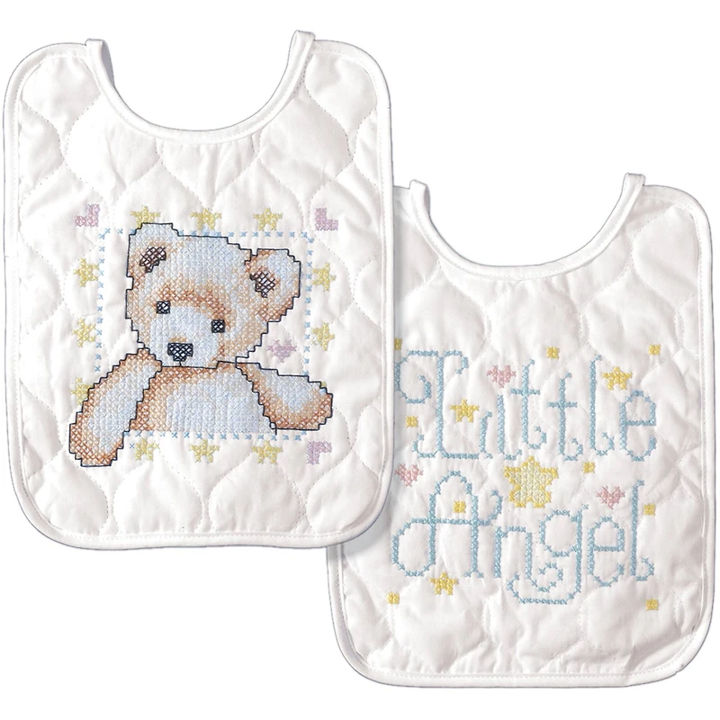 Tobin Bear & Angel Stamped Cross Stitch Bib Pair Kit