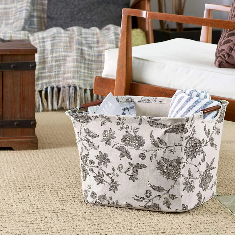 Household Essentials Storage Bin with Wood Handles (Medium, Floral)
