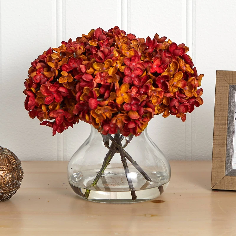 8.5" Red Hydrangea Arrangement in Glass Vase