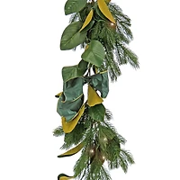 9" Christmas Magnolia Mix Pine Garland with Fabric Bow, Warm White LED Lights