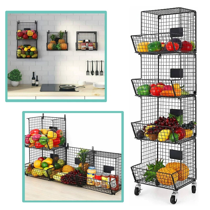 NEX™ Black 4-Tier Wall Mount Storage Basket Organizer with Wheels