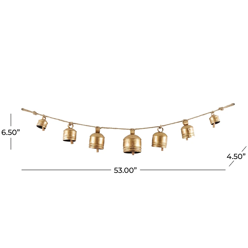 Gold Metal Tibetan Inspired String Hanging Decorative Cow Bells with Jute Hanging Rope